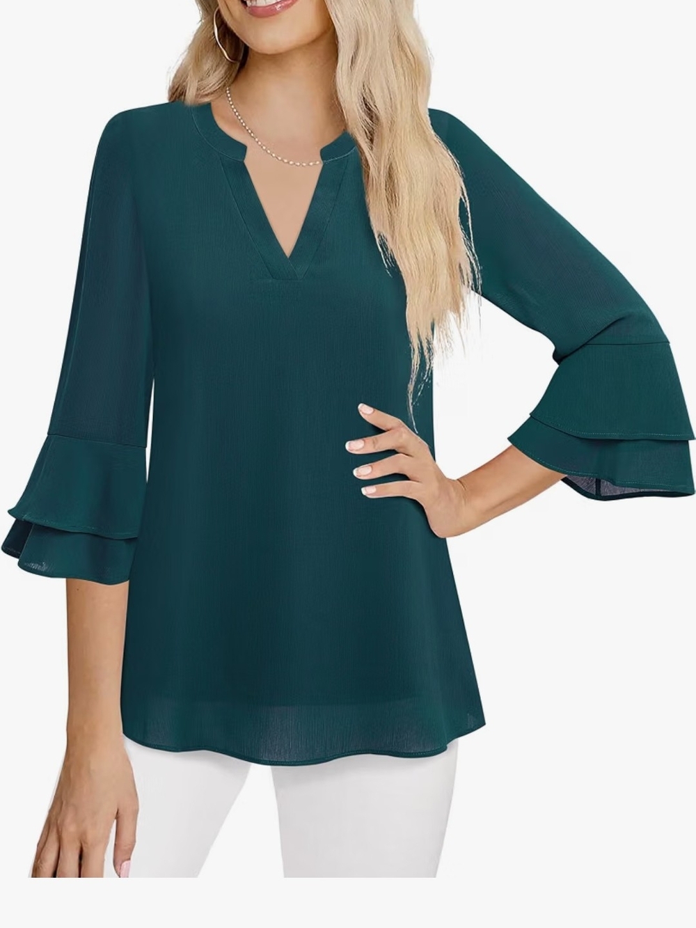 Lotusmile V-Neck Teal Bell Ruffle Sleeve Blouse Size XL Chest 25-27"